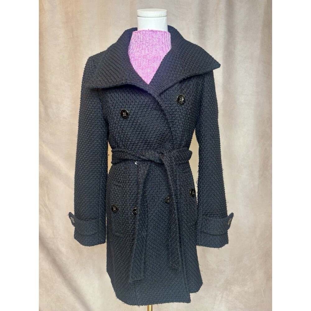 Calvin Klein Belted Textured Peacoat Jacket XS Black Double Breasted